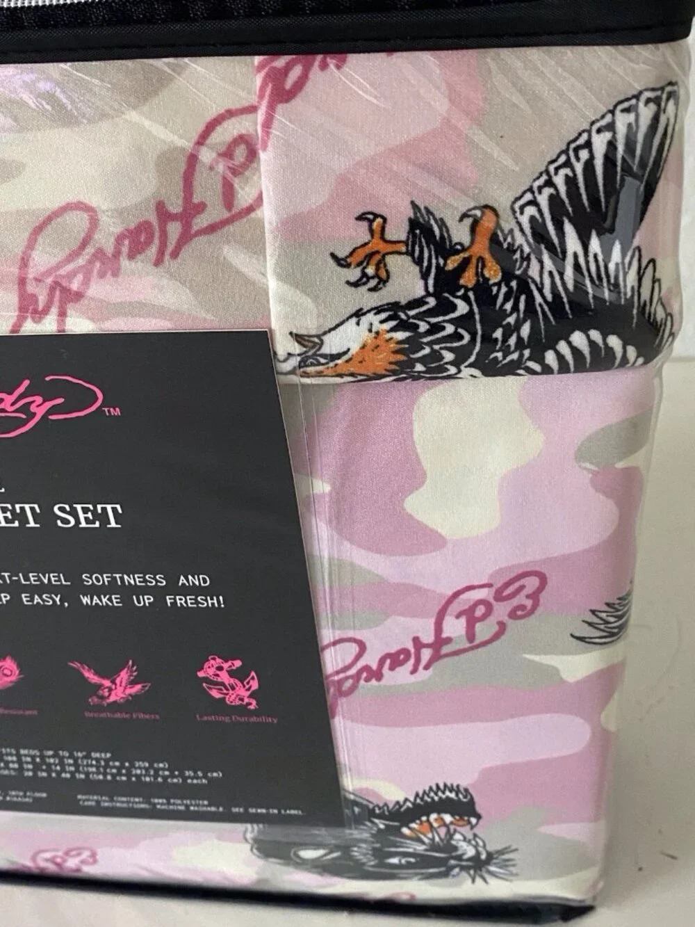 6 Piece Ed Hardy KING Size Sheet Set Pink‎ Grey Camo Eagle Tiger Logo NEW